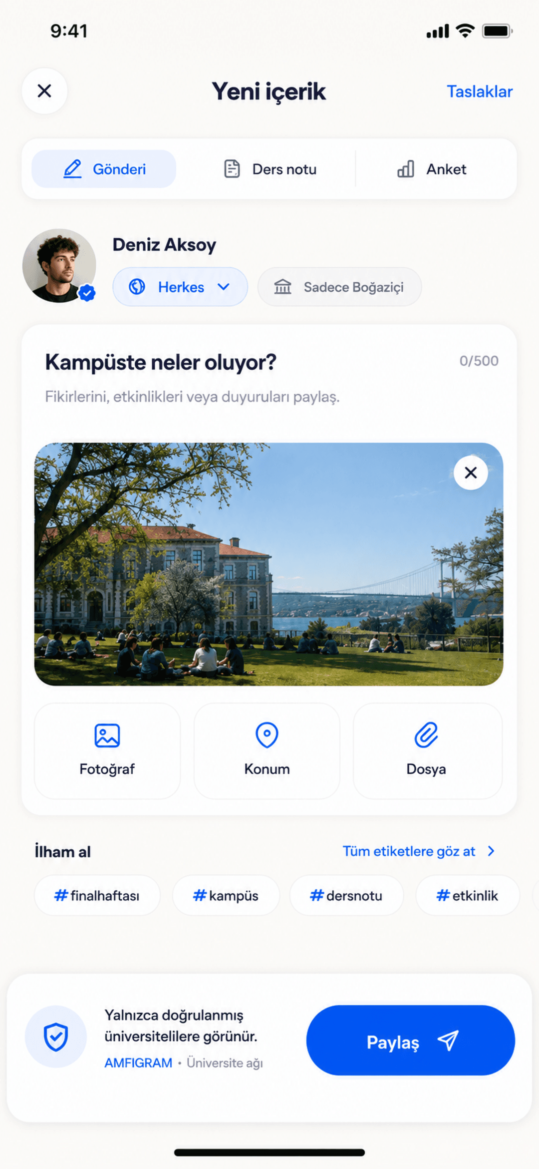 amfigram gönderi oluşturma ekranı: ders notu paylaşma adımı