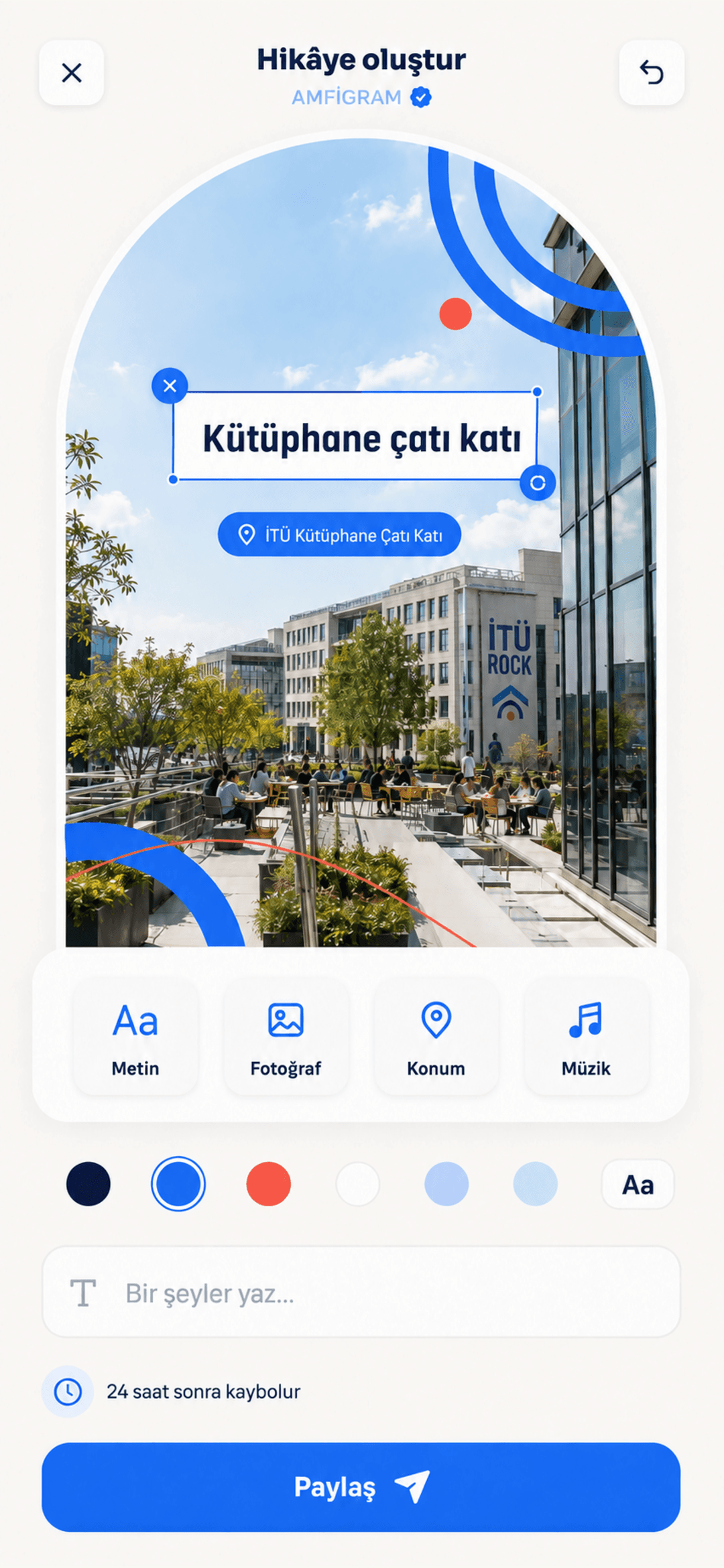 amfigram hikâye oluşturma ekranı: kampüsten anlık paylaşım
